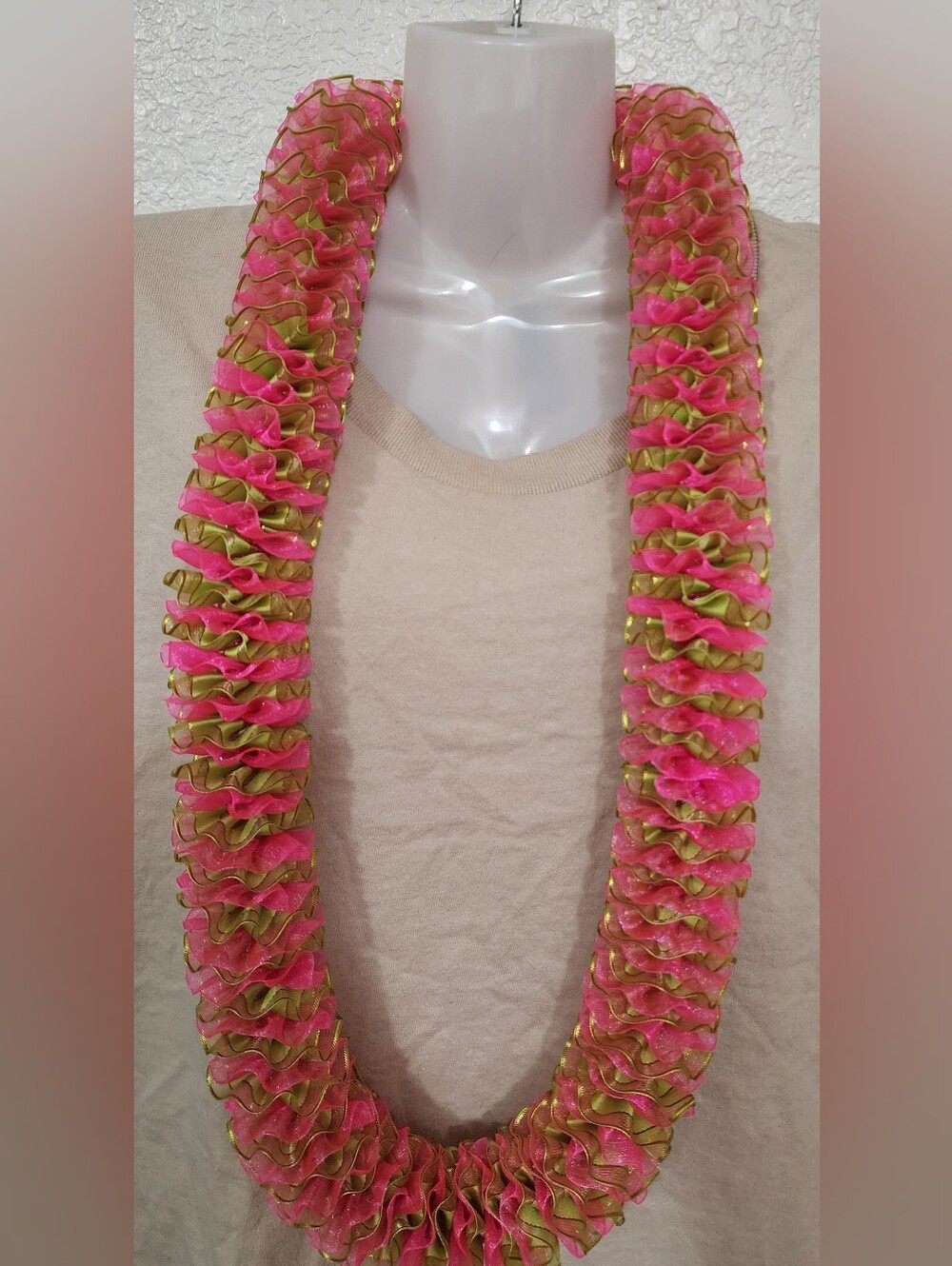 Handmade Pink & Green Ruffle  Hawaiian Lei Necklace